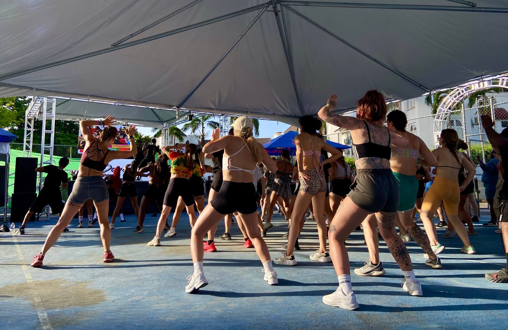 A group of people are dancing towards the stage. They are under a tent.