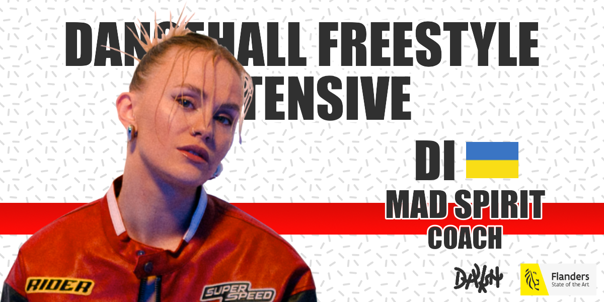 Headshot of Di wearing a red jacket. Text "Dancehall Freestyle Intensive" behind him. Right from him "Di, Mad Spirit, Ukraine".