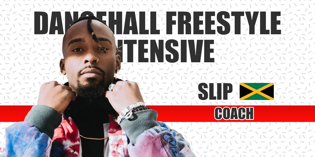 Headshot of Di wearing a red jacket. Text "Dancehall Freestyle Intensive" behind him. Right from him "Di, Mad Spirit, Ukraine".