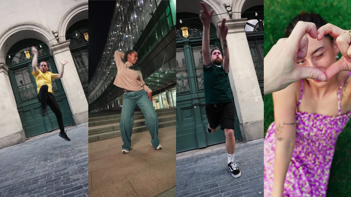 A collage of stills from videos. From left to right: Slim B dances, Coco dances, Corentin dances, Todz makes a heart shape with her hand.