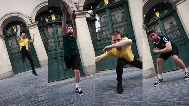 4 stills from the dance video. 1) Slim B jumps into the air, 2) Corentin shoots forward, 3) Slim B is low to the ground, and 4) Corentin is low to the ground.